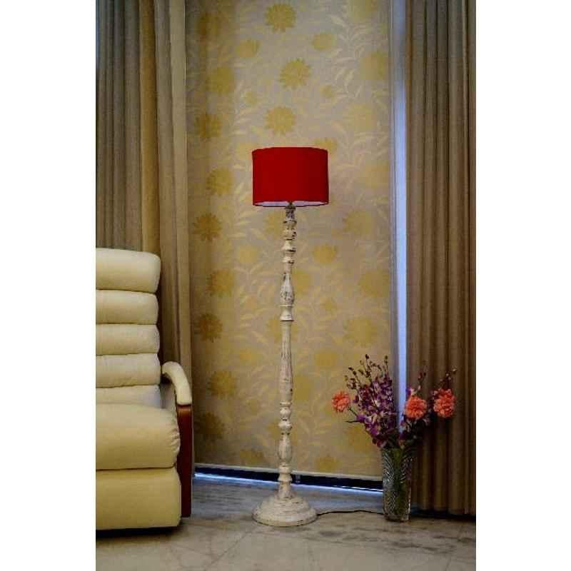 Tucasa Vintage White Mango Wood Floor Lamp with Red Drum Polycotton Shade, WF-18