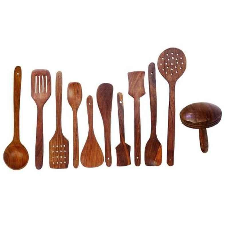 A-One 11 Pcs Brown Wood Handmade Cooking Spoon Utensils Set