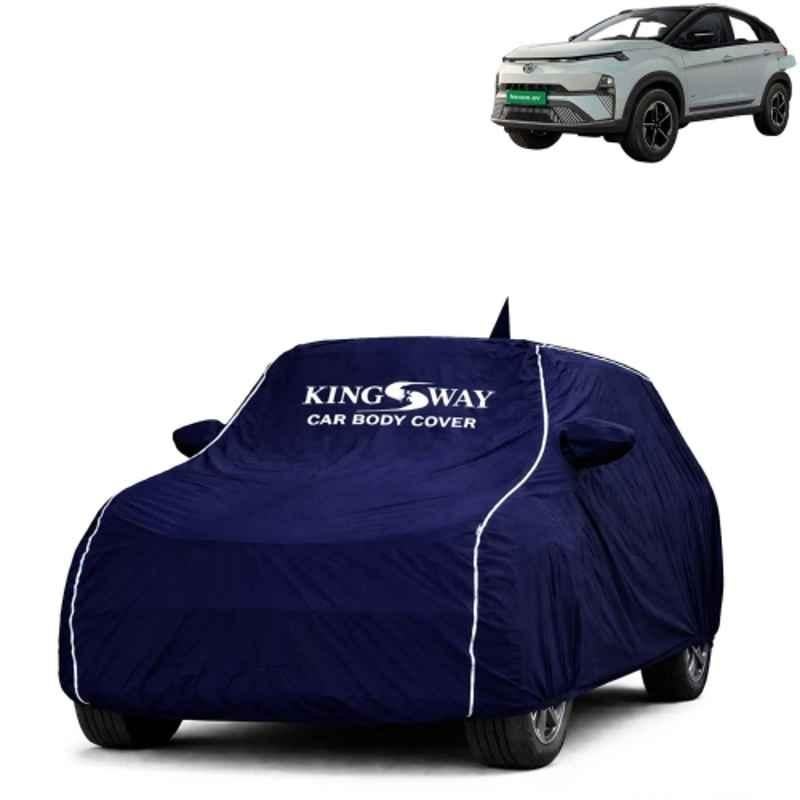 Kingsway Super Waterproof All Weather Protection Polypropylene Blue Car Cover for Tata Nexon EV 2023 Onwards with Silver Piping, Mirror & Antenna Pockets
