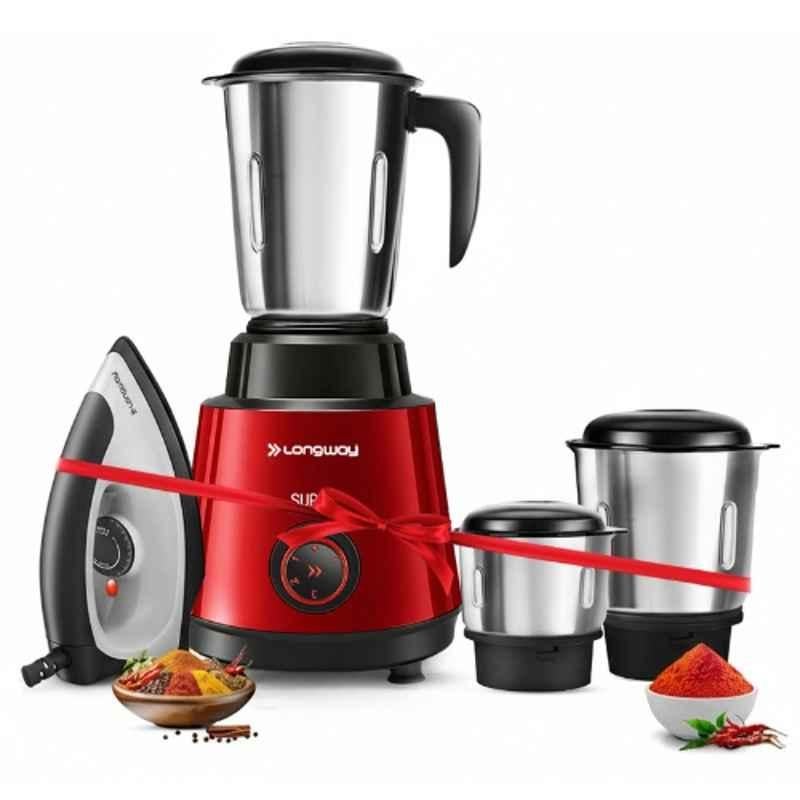 Longway Super Pro 500W ABS Plastic Red Wine & Black Mixer Grinder with 3 Jars & Kwid 1100W Dry Iron Combo & 2 Years Warranty