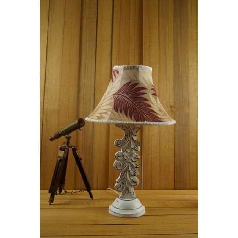 Tucasa Mango Wood Antique White Carving Table Lamp with 12 inch Polysilk Maroon Beige Conical Shade, WL-27