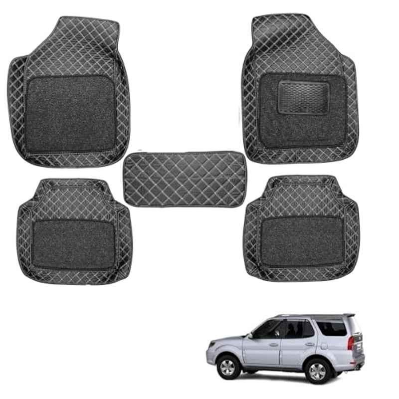 Kozdiko 5 Pcs Waterproof & Luxury 7D Black Leatherette Car Floor Mat Set for Tata Safari Grand Dicor