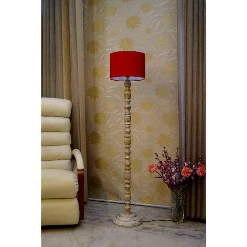 Tucasa Classic White Mango Wood Floor Lamp with Red Drum Polycotton Shade, WF-78