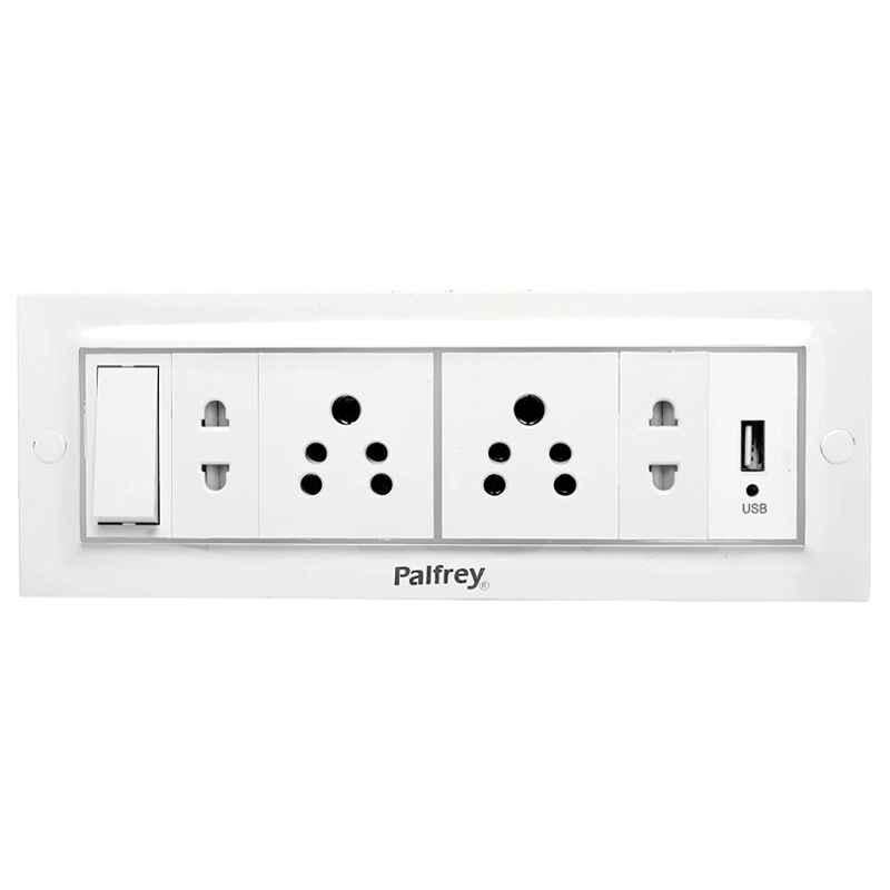 Palfrey 5A 2 Socket White Polycarbonate Extension Board with Two Pin & USB Socket, Master Switch & 55m Wire, 55 USB