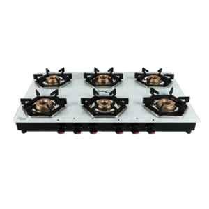Sigri-Wala Titan 6 Burner Toughened Glass White Manual Gas Stove