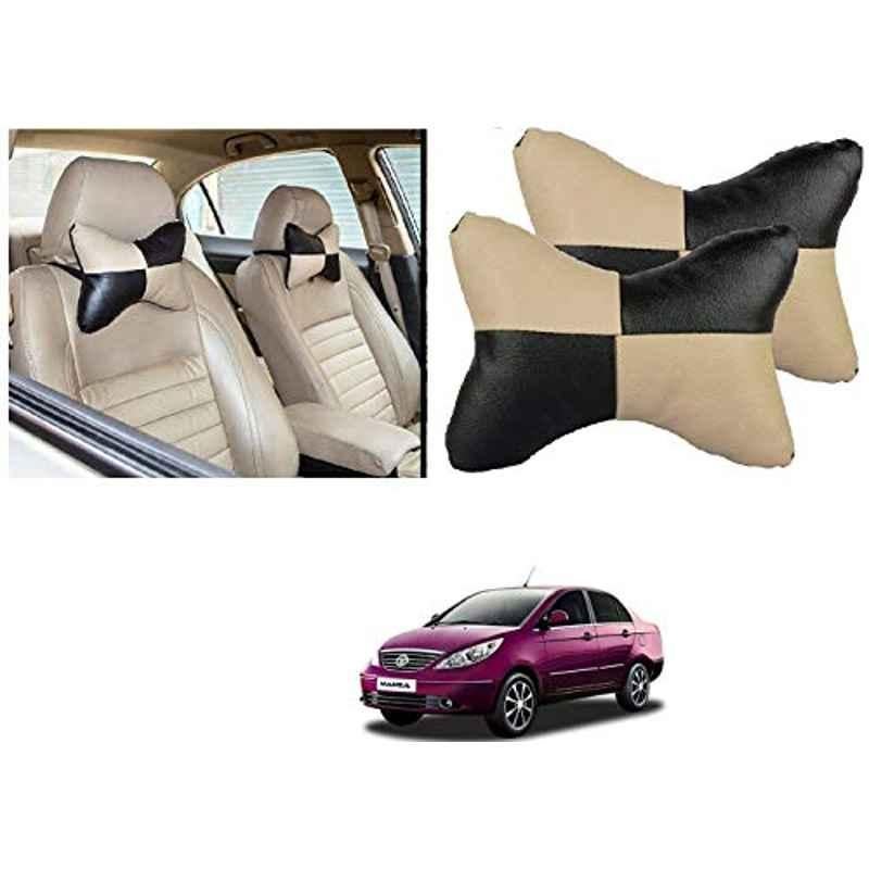 Kozdiko 2 Pcs Black & Beige Car Square Chess Design Neck Rest Seat Pillow Set for Tata Manza