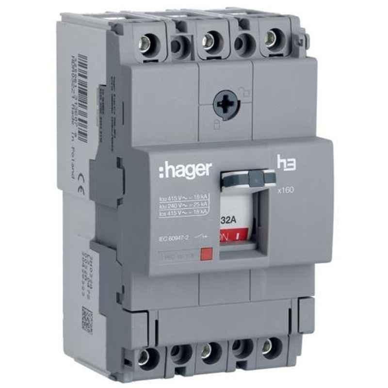 Hager 32A 3 Pole h3 Thermal Magnetic Release MCCB, HDA032Z, Breaking Capacity: 18 kA