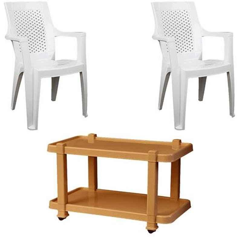 Italica 2 Pcs Polypropylene White Premium Arm Chair & Marble Beige Table with Wheels Set, 9006-2/9509