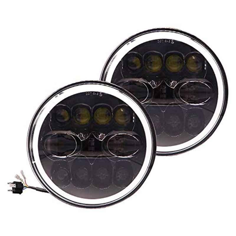 Oswin gold Og-33-2 7 inch Round White Led Headlight With Hi/Low Beam Amber & White Angel Eye Lamp Compatible With Royal Enfield Bullet, Harley Davidson Jeep Wrangler (75W, 2 Pc)