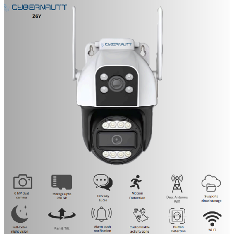 Cybernautt Z6Y 6MP Dual Lens Full HD PT Smart WiFi Camera with Colour Night Vision, Motion Detect, Alarm, 2 Way Audio & Support SD Upto 256 GB