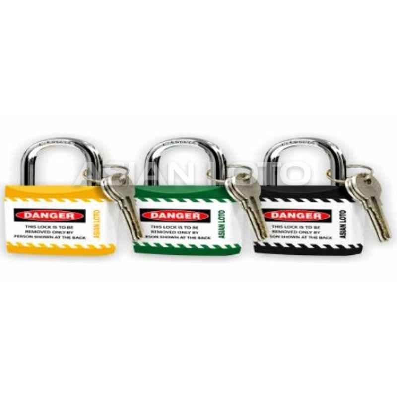 Asian Loto 2 Pcs Metal & Plastic Yellow, Green & Black Regular Shackle Jacket Padlock Set with 3 Keys, ALC-LPR