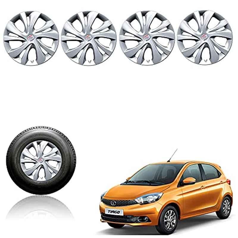 Auto Pearl 4 Pcs 14 inch Plastic Silver Press Fitting Wheel Cover Set for TATA Tiago