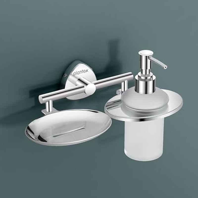 Plantex Stainless Steel Soap Dish with Liquid Dispenser/Soap Stand for Bathroom Wall Mount/Shampoo Dispenser/Bathroom Accessories Chrome Finish Angel