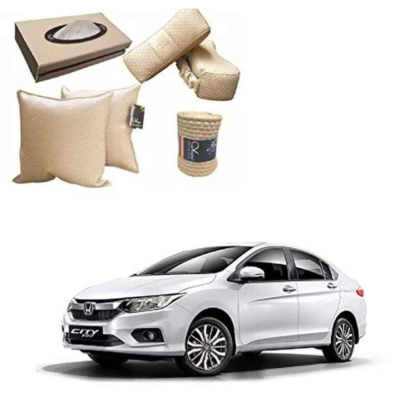 Kozdiko 2 Pcs Cushion Pillow, 2 Pcs Neck Rest, Tissue Box & Steering Beige Car Cover Combo for Honda City 2017
