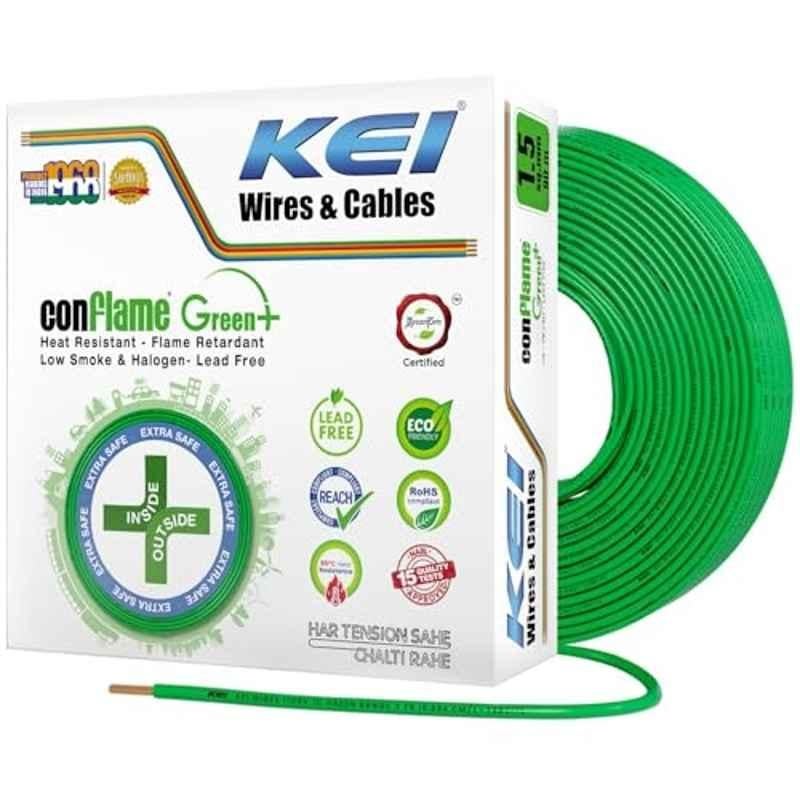 KEI Conflame Green Plus 1.5 Sqmm 1 Core 99.97% Pure Copper Conductor FRLSH Insulated Cable for Domestic & Commercial Electrical Wiring (Green, 90 Meters)