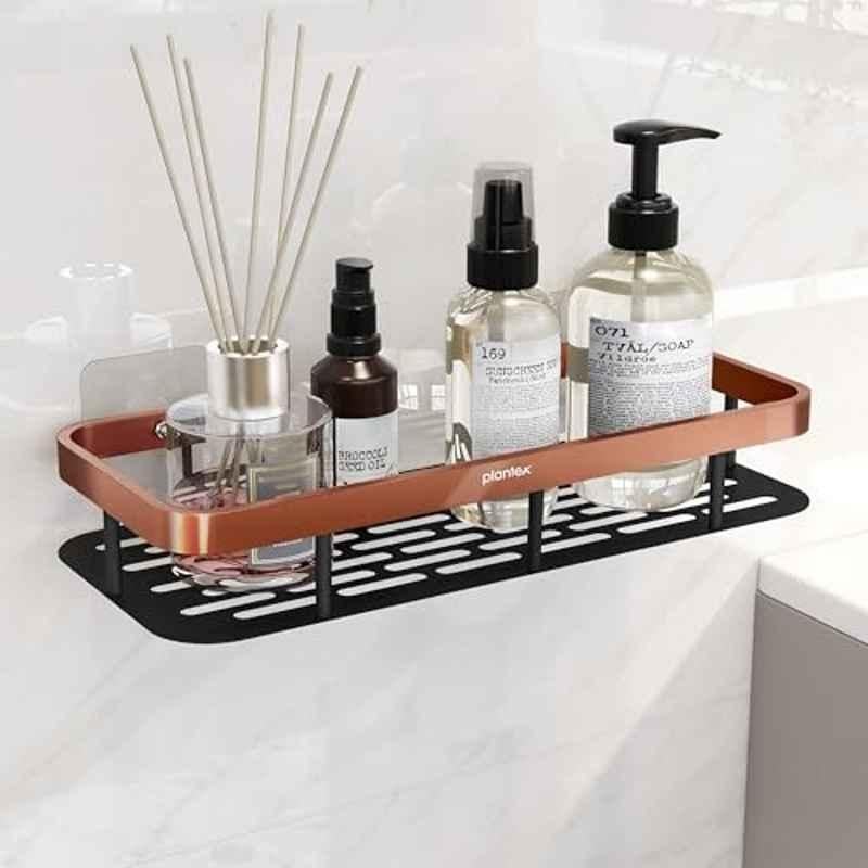 Plantex Bathroom Organizer without Drill/Self Adhesive Stainless Steel Shelf for Bathroom with Aluminium Railing (12x5 inch, Copper & Black) Wall Mount, Bracket Shelf