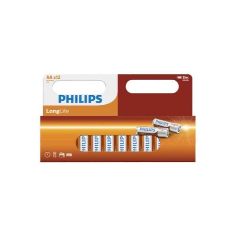 Philips LongLife 12Pcs 1.5V AA White, Brown & Blue Zinc Chloride Battery Set, R6L12B/97