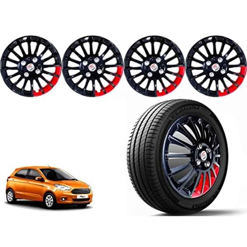 Auto Pearl 4 Pcs 14 inch Polypropylene Black & Red Press Type Car Wheel Cover Set with Retention Ring for Ford Figo T3 2015 Onwards