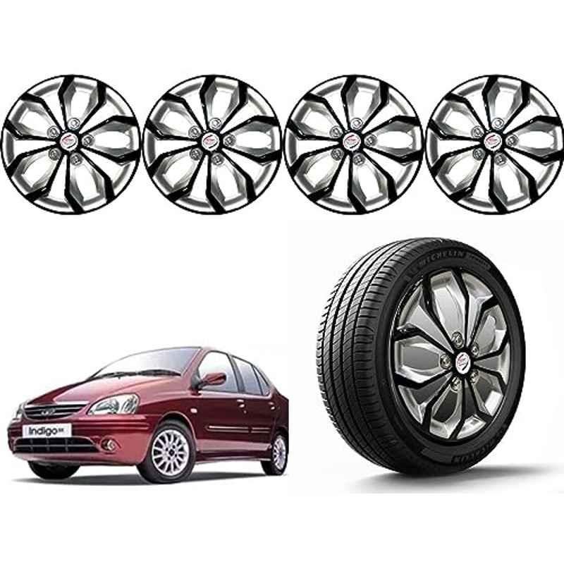 Auto Pearl 4 Pcs 14 inch Polypropylene Black & Silver Press Type Car Wheel Cover Set with Retention Ring for Tata Indigo 2002, 14WC_Pearl_Rev_Indigo2002