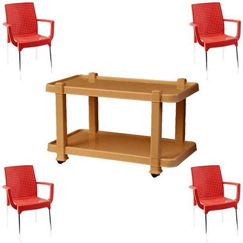 Italica 4 Pcs Polypropylene Red Plasteel Arm Chair & Marble Beige Table with Wheels Set, 1215-4/9509