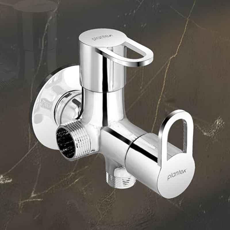 Plantex Flip Pure Brass Chrome Finish 2 in 1 Two Way Angle Valve with Wall Flange & Teflon Tape for Bathroom, APS-2242