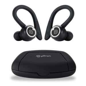 pTron Bassbuds Sports V2 Black In-Ear Bluetooth Wireless Earbuds with Mic, Earhooks & Type-C Charging