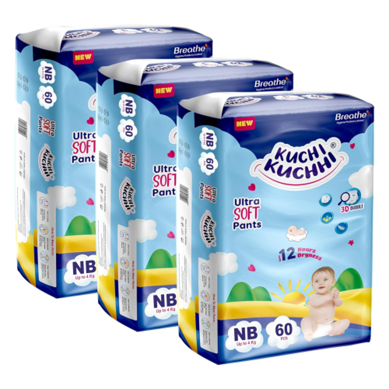 Kuchi Kuchhi 60 Pcs 0-4kg White New Born Ultra Soft Baby Diaper Pant with 3D Bubble Top, KK_NB60X3 (Pack of 3)