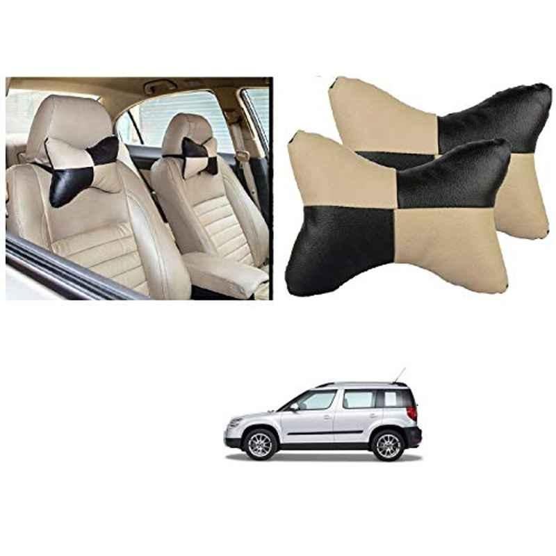 Kozdiko 2 Pcs Black & Beige Car Square Chess Design Neck Rest Seat Pillow Set for Skoda Yeti