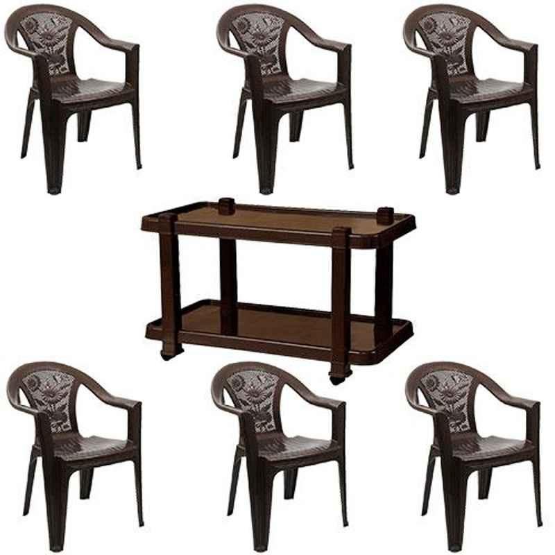 Italica 6 Pcs Polypropylene Tan Brown Comfort Arm Chair & Nut Brown Table with Wheels Set, 9051-6/9509