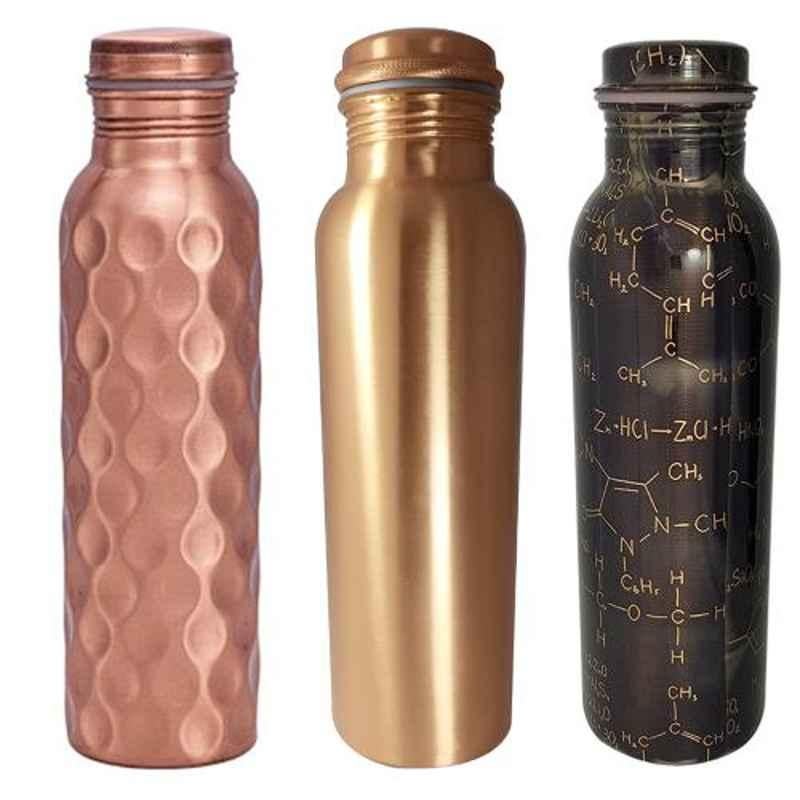 Healthchoice 1L Chmistry, Plain & Diamond Copper Jointless Water Bottle (Pack of 3)