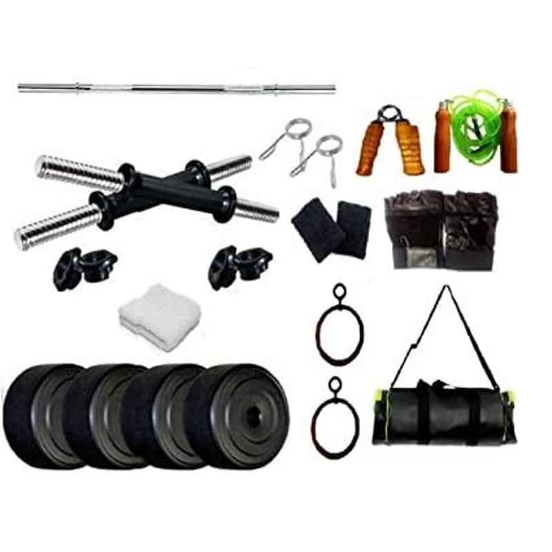 Spanco Multicolor Home Gym with 38kg PVC Weight Plates (5kgx4 = 20kg + 25kgx4 = 10kg + 2kgx4 = 8kg) Skipping Rope, Sweatband & Dumbell Rods for Home Gym Exercise, Fat Burning, Body Shaping