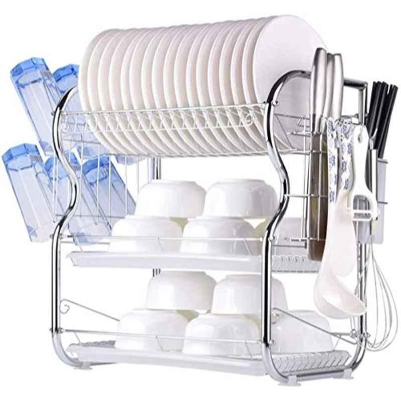 Rubik Stainless Steel White & Silver 3 Tier Dish Drainer Rack, RDR3LWCBHWH
