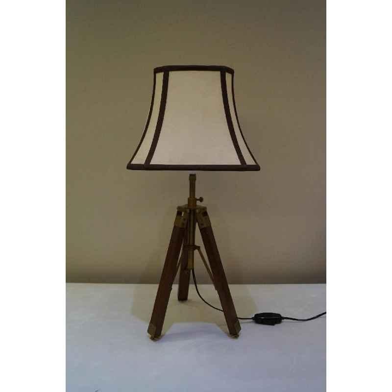 Tucasa Mango Wood Brown Tripod Table Lamp with Polycotton Off White Shade, P-73