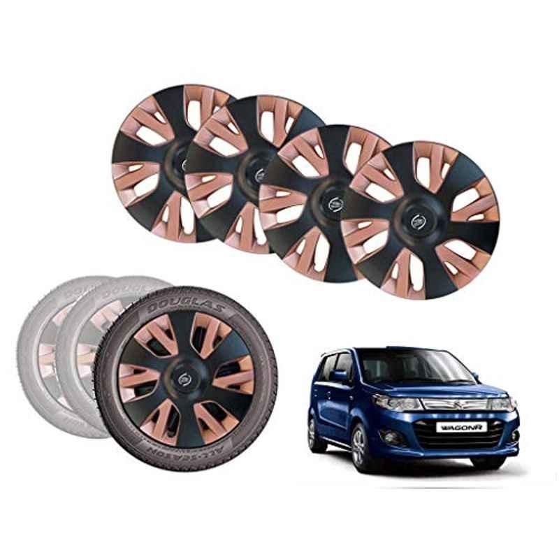 Auto Pearl 4 Pcs 13 inch Black & Copper ABS Press Type Hubcap Wheel Cover Set with Retention Ring for Maruti Suzuki WagonR2017