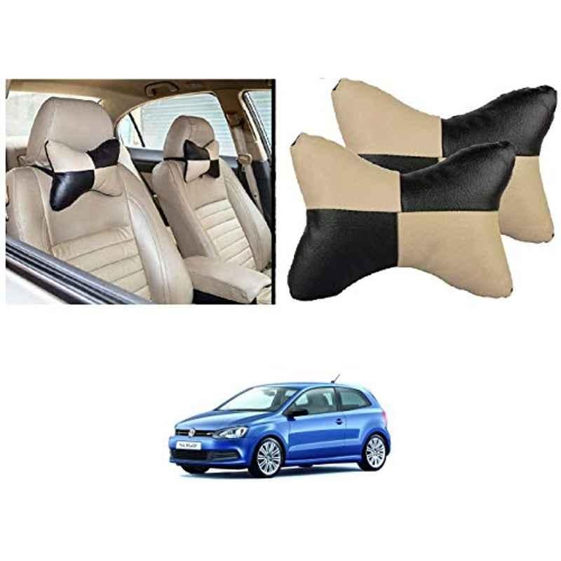 Kozdiko 2 Pcs Black & Beige Car Square Chess Design Neck Rest Seat Pillow Set for Volkswagen Polo GT