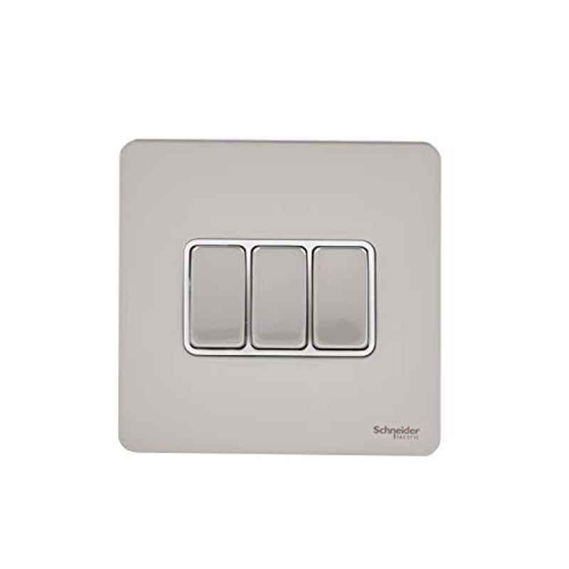 Schneider 13A 3 Gang 2 Way Single Pole Steel Pearl Nickel Screwless Flat Plate Toggle Light Switch, GU1432WPN