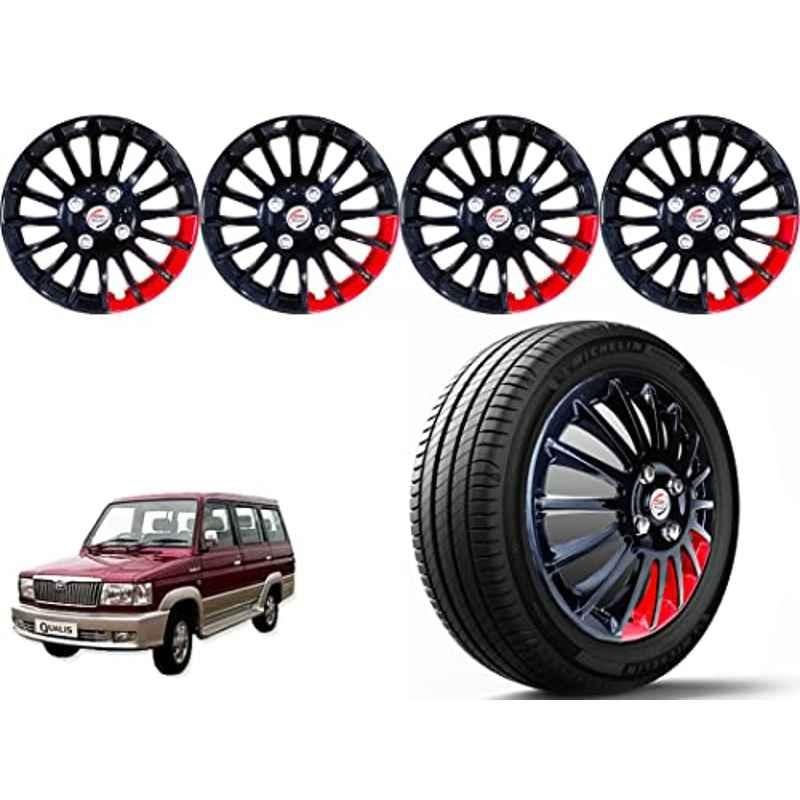 Auto Pearl 4 Pcs 14 inch Polypropylene Black & Red Press Type Car Wheel Cover Set with Retention Ring for Toyota Qualis