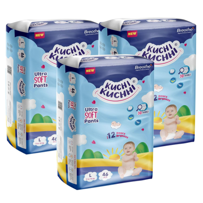 Kuchi Kuchhi 46 Pcs 9-14kg White Large Ultra Soft Baby Diaper Pant with 3D Bubble Top, KKL46X3 (Pack of 3)