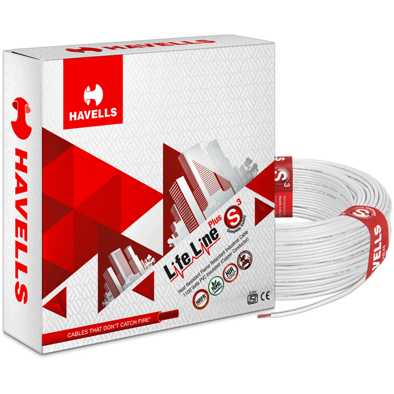 Havells 1.5 Sqmm White Life Line Plus Single Core HRFR PVC Insulated Flexible Cables, WHFFDNWA11X5, Length: 90 m
