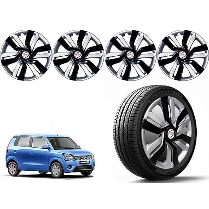 Auto Pearl 4 Pcs 14 inch Polypropylene Black & Silver Press Type Car Wheel Cover Set with Retention Ring for Maruti Suzuki WagonR Type 4 2019-2022, 14WC_Idtec_Rev_WagonR_2019_22