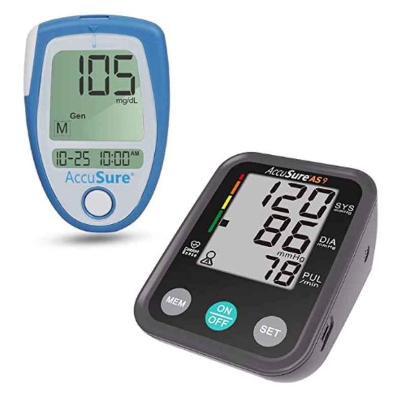 AccuSure Automatic Blood Pressure Monitor & Blue Glucometer Machine with 25 Test Strips Combo, AS09