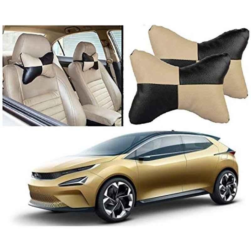 Kozdiko 2 Pcs Black & Beige Car Square Chess Design Neck Rest Seat Pillow Set for Tata 45X
