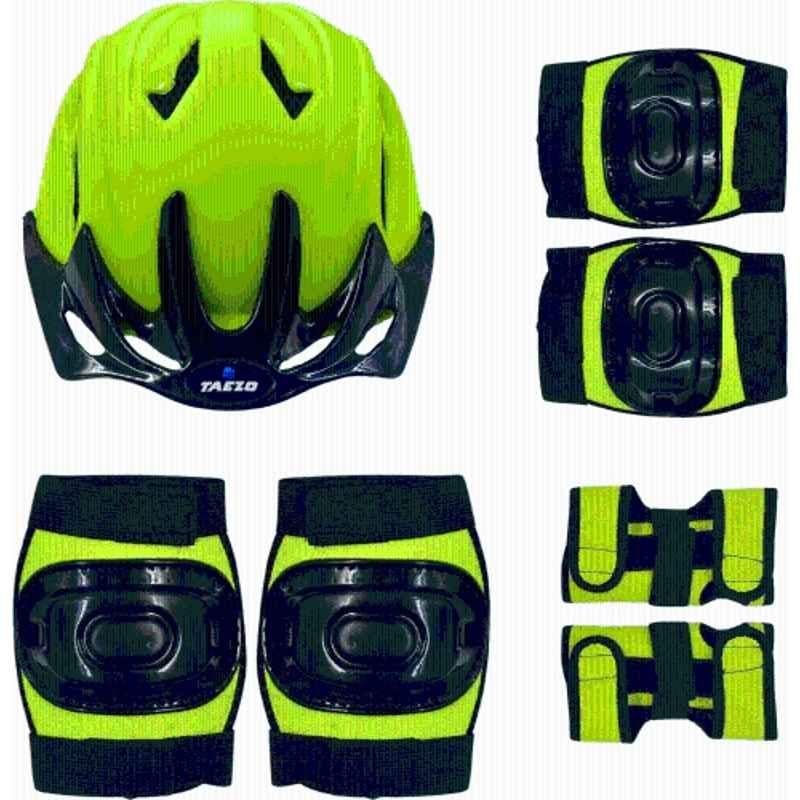 Taezo 7 Pcs 55cm Plastic, Hard Foam & Elastic Volt Green & Zed Black Skating & Cycling Safety Kit for 6-13 Age Group Kids