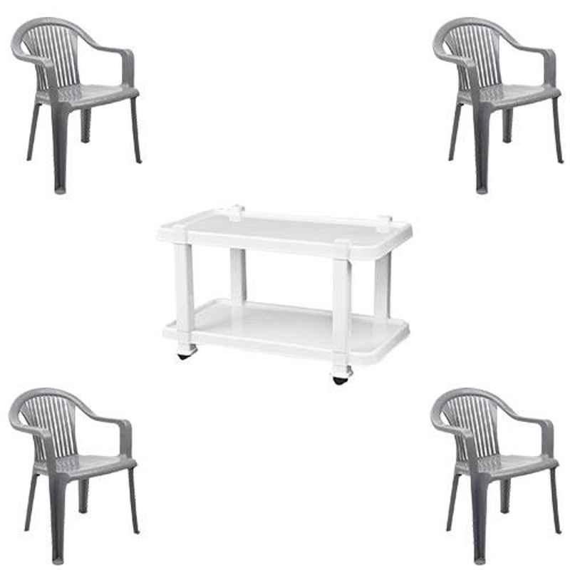 Italica 4 Pcs Polypropylene Metallic Grey Premium Arm Chair & White Table with Wheels Set, 9201-4/9509