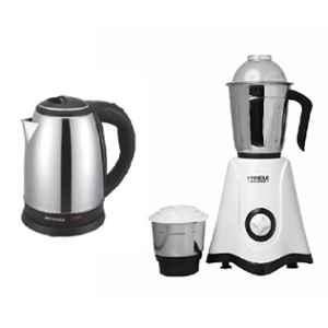 Pringle Neo Dlx 1.8L 1500W Stainless Steel Black & Silver Cordless Electric Kettle & Crown 500W ABS Black & White Mixer Grinder with 2 Jar Combo