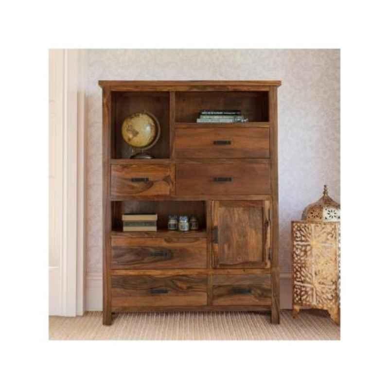 Angel Furniture Solid Sheesham Wood Glossy Finish Brown Tallboy Storage Cabinet, AF-216H