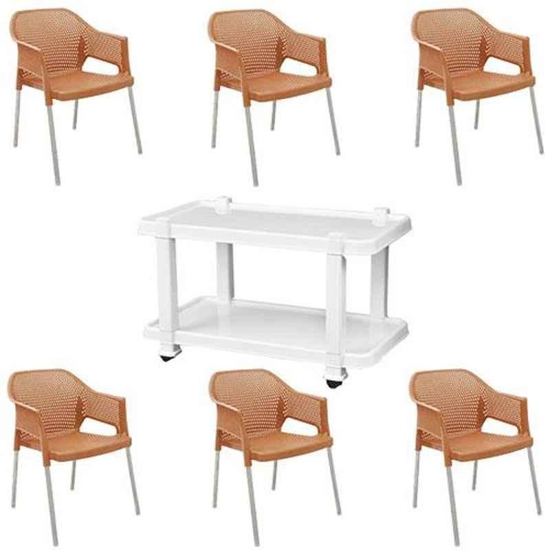 Italica 6 Pcs Polypropylene Camel Plasteel Arm Chair & White Table with Wheels Set, 1209-6/9509