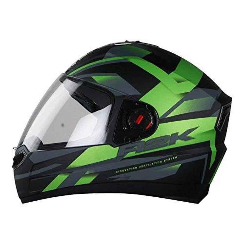 Steelbird R2K ABS Matt Black & Green Full Face Helmet with Plain Visor, Size: (L, 60 cm)
