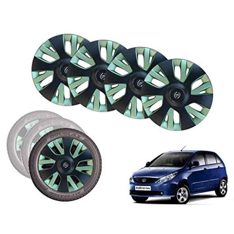 Auto Pearl 14 inch ABS Black & Green Car Hubcap Wheel Cover with Retention Ring Set for Indica Vista