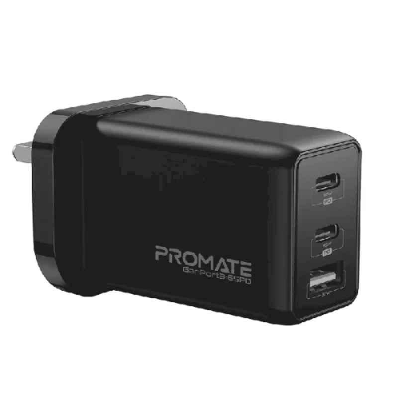Promate GaNPort3-65PD 65W Black GaNFast Power Delivery Charging Adaptor